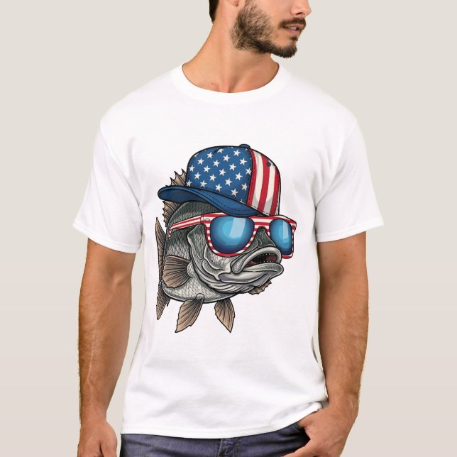 Camiseta Funny American Big Fish Wearing Flag Cap Fishing (Anverso)