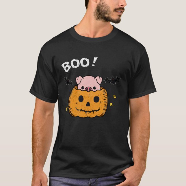 Camiseta funny and cute piggy pig boo in pumpkin bats Hallo (Anverso)