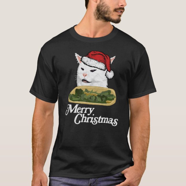 Camiseta Funny Arguing White Cat Meme in Santa Hat Christma (Anverso)