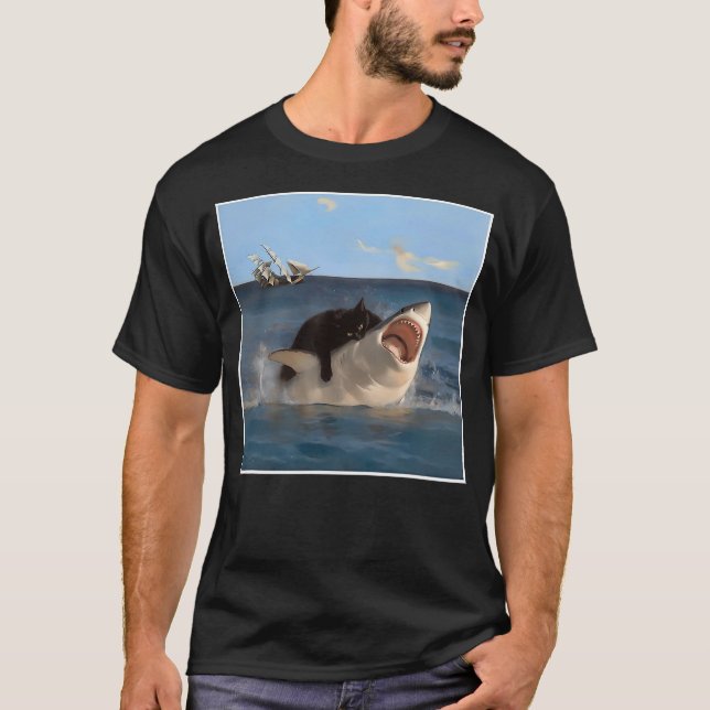 Camiseta funny Art & Cat Lover Quote Cat Biting Shark Cool  (Anverso)