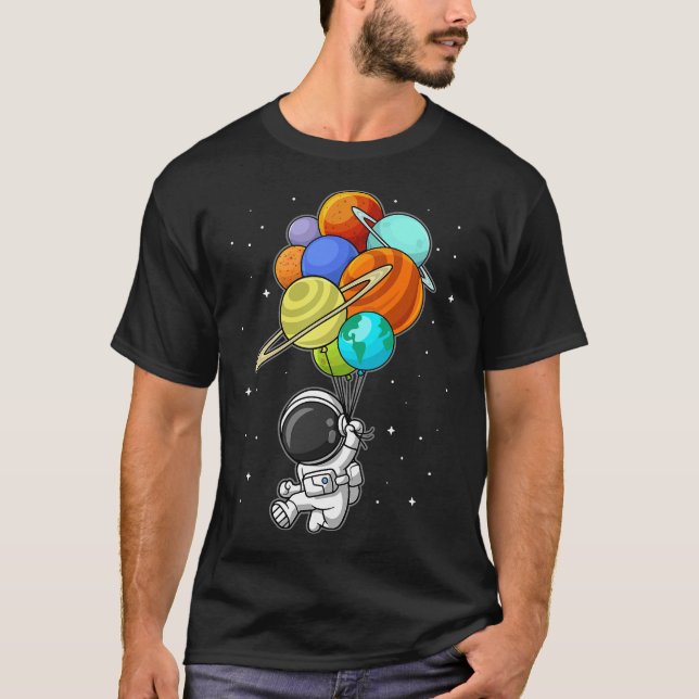 Camiseta Funny Astronaut Holding Planet Balloons Space Kids (Anverso)