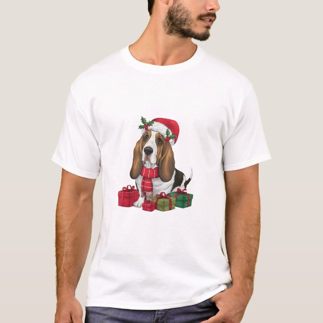 Camiseta Funny Basset Hound Dog Navidades Traje a Santa Hat (Anverso)