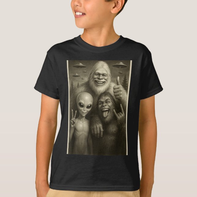 Camiseta Funny Bigfoot, Alien, &amp; Yeti Sasquatch Rock On (Anverso)