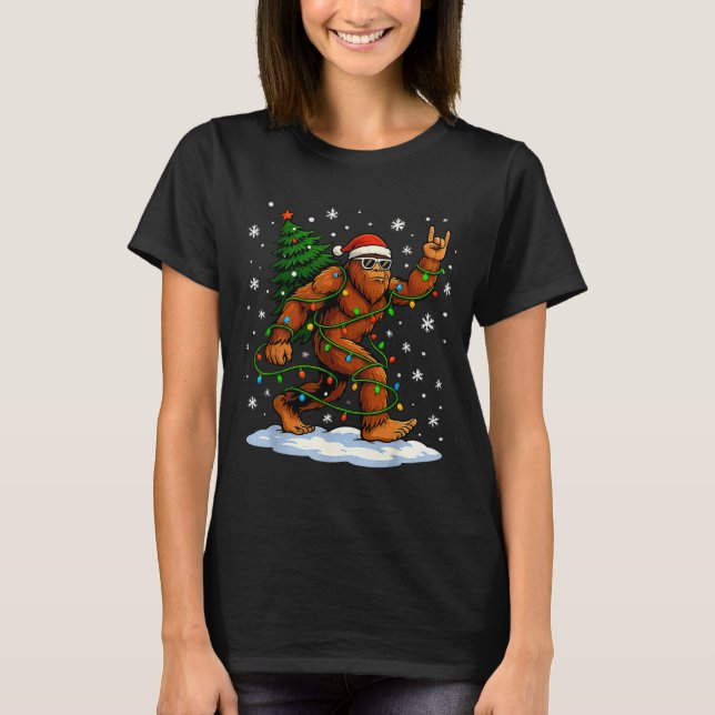 Camiseta Funny Bigfoot Rock On Christmas Lights Snow Holida (Anverso)