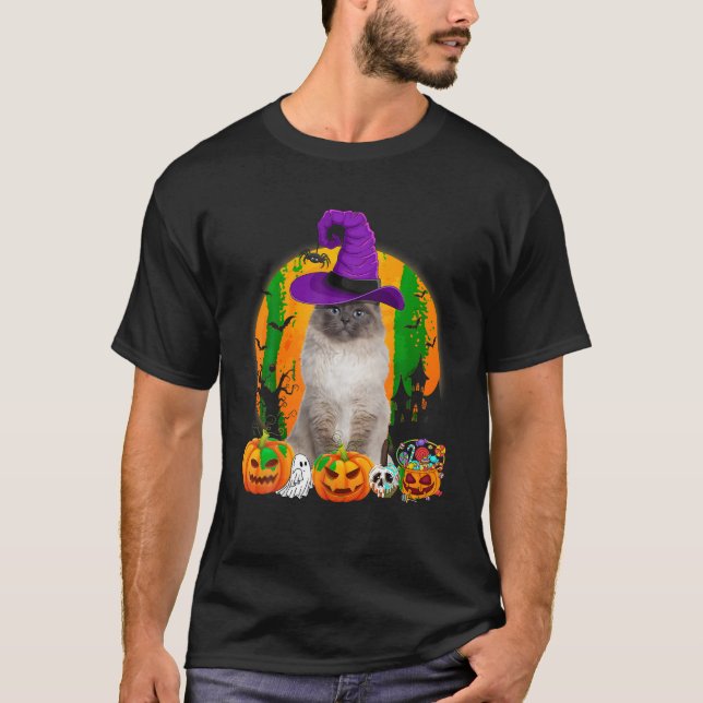 Camiseta Funny Birman Cat Halloween Witch Pumpkin (Anverso)