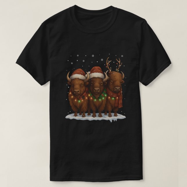 Camiseta Funny Bison Christmas Trio – Santa Hat Holiday  (Diseño del anverso)