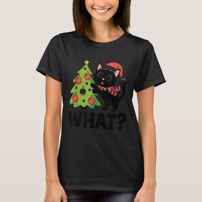 Camiseta Funny Black Ca Pushing Christmas Tree Over Cat Wha (Anverso)