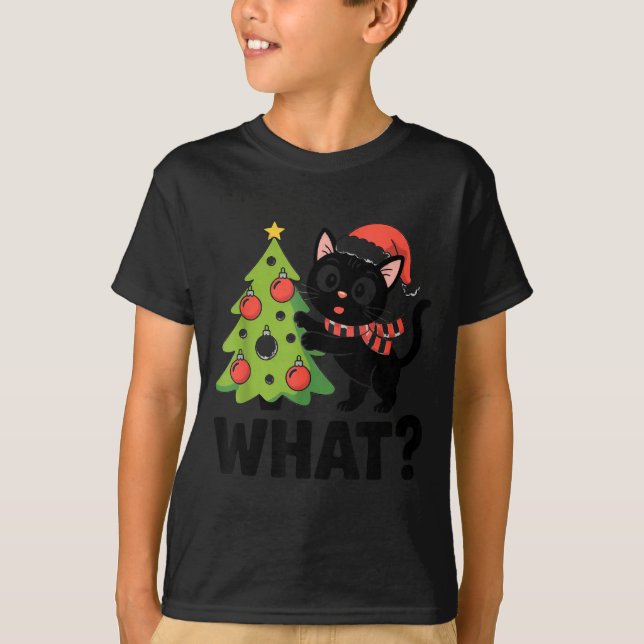 Camiseta Funny Black Ca Pushing Christmas Tree Over Cat Wha (Anverso)