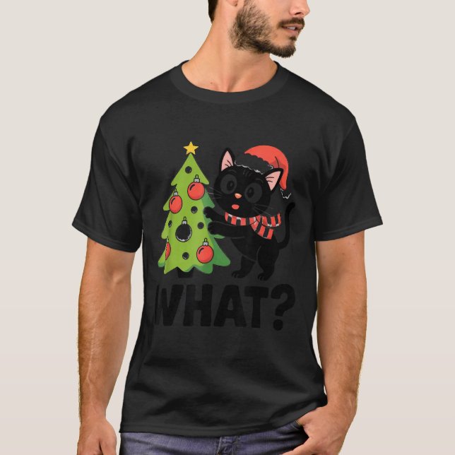 Camiseta Funny Black Ca Pushing Christmas Tree Over Cat Wha (Anverso)