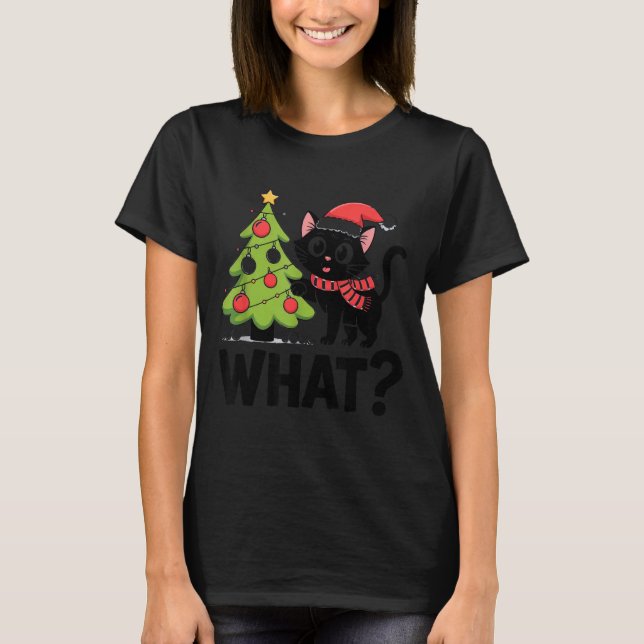 Camiseta Funny Black Ca Pushing Christmas Tree Over Cat Wha (Anverso)
