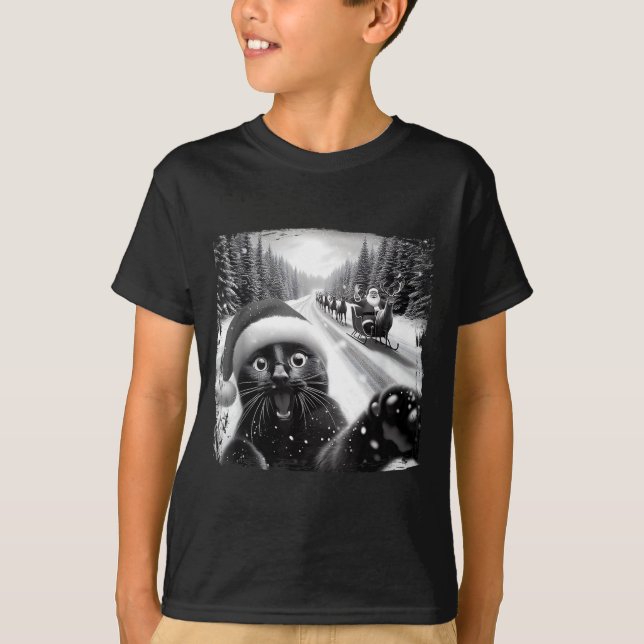 Camiseta Funny Black Cat Christmas Selfie Santa Sleigh Snow (Anverso)