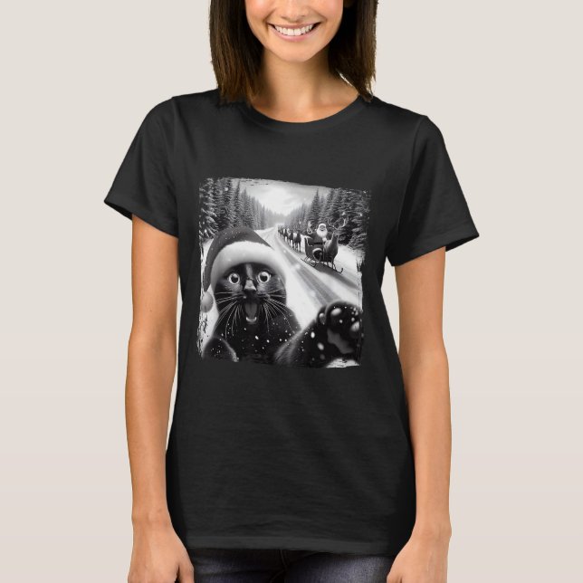 Camiseta Funny Black Cat Christmas Selfie Santa Sleigh Snow (Anverso)