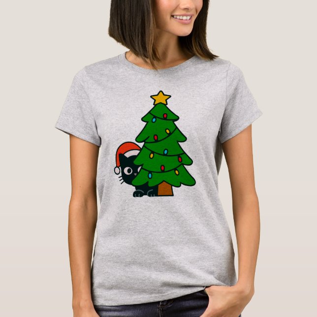 Camiseta Funny Black Cat Christmas Tree Lights Kitty Xmas (Anverso)
