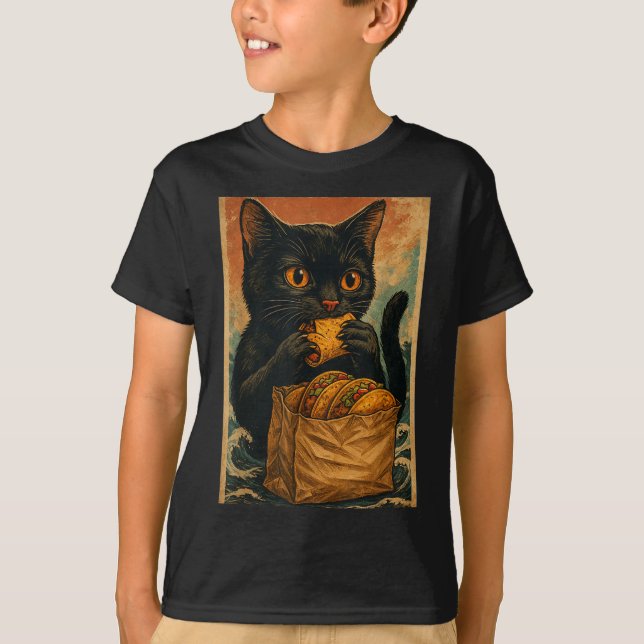 Camiseta Funny Black Cat Eating Tacos Retro Japanese  (Anverso)