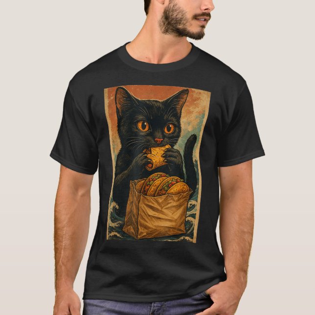 Camiseta Funny Black Cat Eating Tacos Retro Japanese  (Anverso)