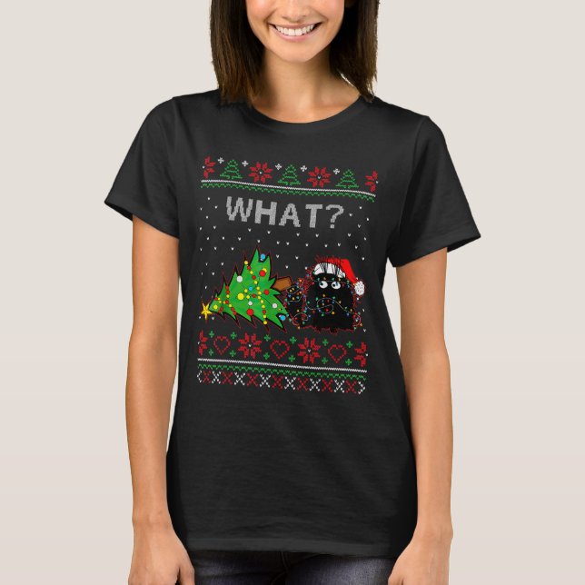 Camiseta Funny Black Cat Gift Pushing Christmas Tree Over C (Anverso)