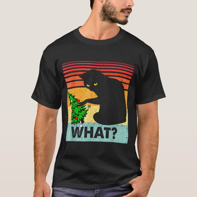 Camiseta Funny Black Cat Gift Pushing Christmas Tree Over C (Anverso)