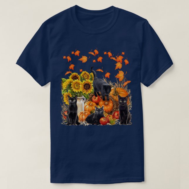 Camiseta Funny Black Cat Leaf Fall Hello Autumn For Cute Ki (Diseño del anverso)