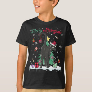 Camiseta Funny Black Cat Merry Kissmy Santa Hat Tree Chrits