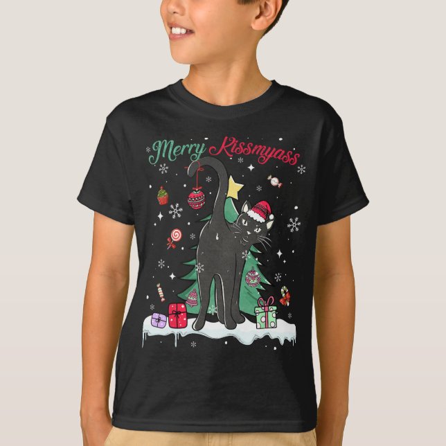 Camiseta Funny Black Cat Merry Kissmy Santa Hat Tree Chrits (Anverso)