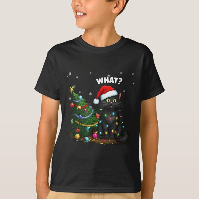Camiseta Funny Black Cat Pushing Christmas Tree  (Anverso)