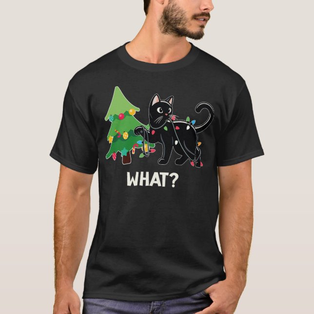 Camiseta Funny Black Cat Pushing Christmas Tree Cat Lover X (Anverso)