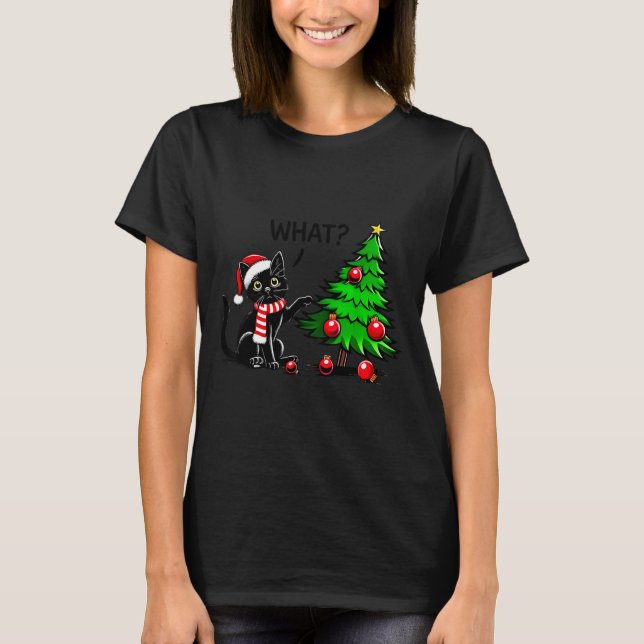 Camiseta Funny Black Cat Pushing Christmas Tree Over Cat Wh (Anverso)