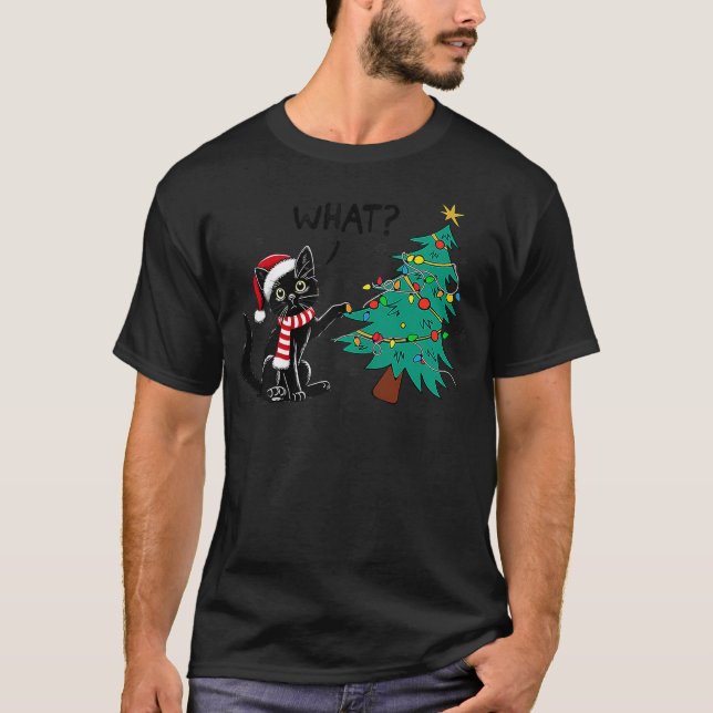 Camiseta Funny Black Cat Pushing Christmas Tree Over Cat Wh (Anverso)