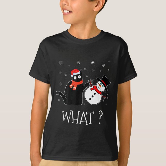 Camiseta Funny Black Cat Pushing Snowman Christmas Winter C (Anverso)