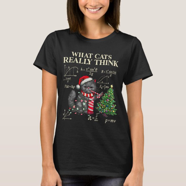 Camiseta Funny Black Cat Pushing Xmas Tree Over Cats Physic (Anverso)