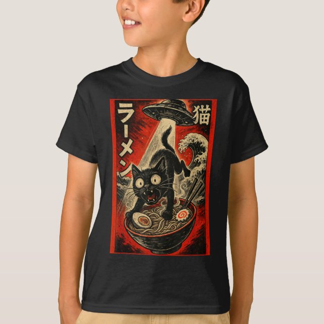 Camiseta Funny Black Cat Ramen Alien Ufo Abduction Japanese (Anverso)