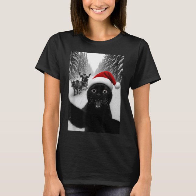 Camiseta Funny Black Cat Selfie With Santa Christmas Men Wo (Anverso)