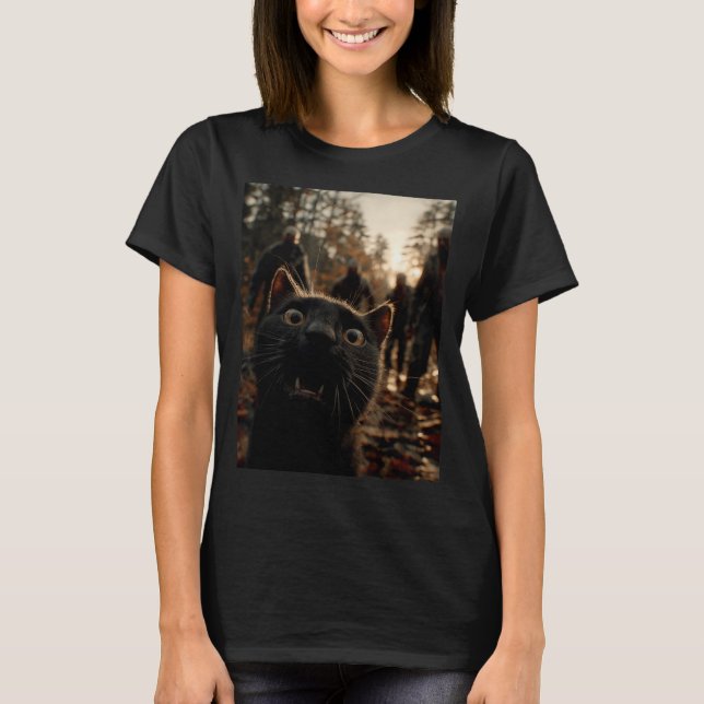 Camiseta Funny Black Cat Selfie With Zombies Feline Animal  (Anverso)