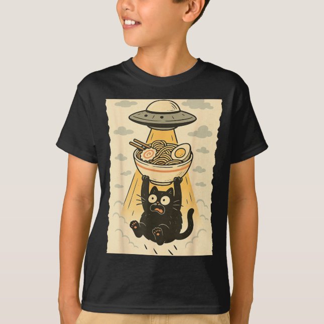 Camiseta Funny Black Cat Ufo Ramen Alien Abduction Graphic  (Anverso)
