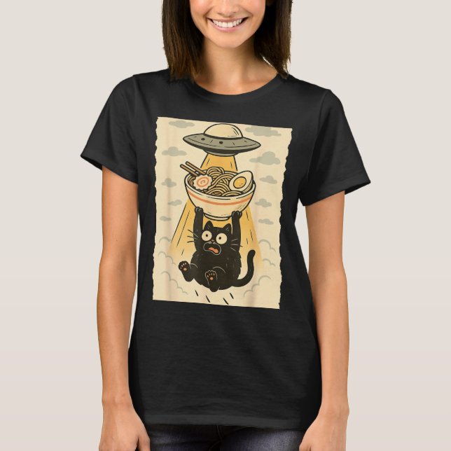 Camiseta Funny Black Cat Ufo Ramen Alien Abduction Graphic  (Anverso)