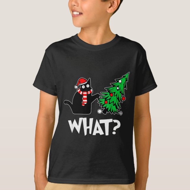 Camiseta Funny Black Cat Xmas Pushing Christmas Tree Over C (Anverso)