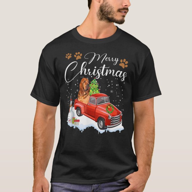 Camiseta Funny Bloodhound Dog Snow Red Truck Christmas Xmas (Anverso)