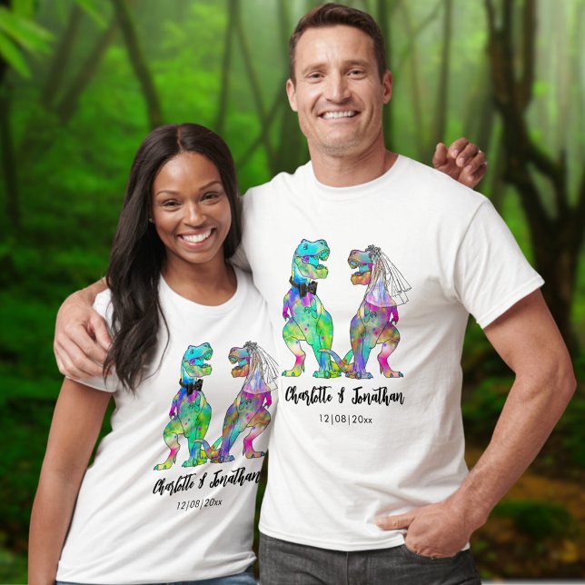 Camiseta Funny Boda de T-Rex Bride y Groom Dinosaur (Dinosaur wedding T-Rex bride and groom tshirts colorful Jurassic dino watercolor )