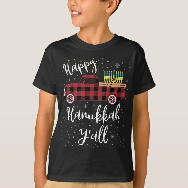 Camiseta Funny Buffalo Plaid Happy Hanukkah Y'all Red Truck (Anverso)