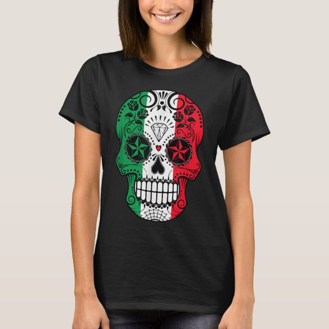 Camiseta Funny Cabeza de Cráneo Mexicano La Bandera Cinco D (Anverso)