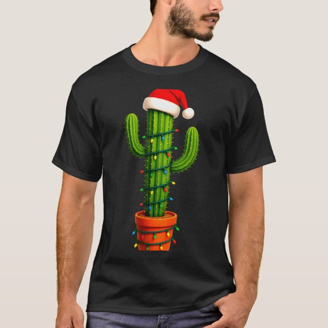 Camiseta Funny Cactus Santa Hat Xmas Tree Lights Merry Chri (Anverso)
