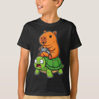 Camiseta Funny Capybara Gamer Riding Shocked Turtle Video 