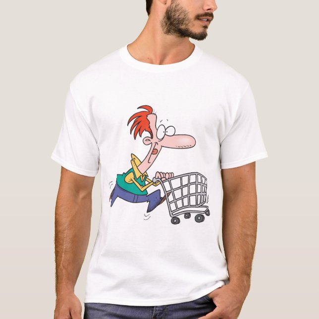 Camiseta Funny Cartoon Man Running With Shopping Cart (Anverso)