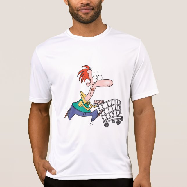 Camiseta Funny Cartoon Man Running With Shopping Cart (Anverso)