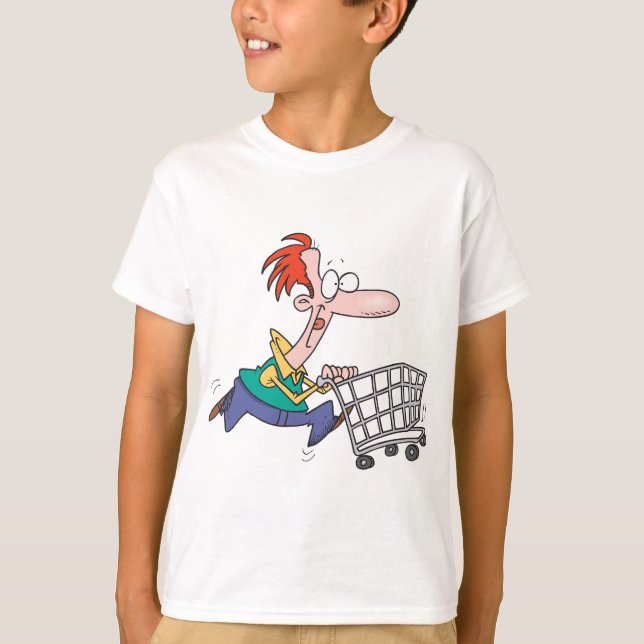 Camiseta Funny Cartoon Man Running With Shopping Cart (Anverso)