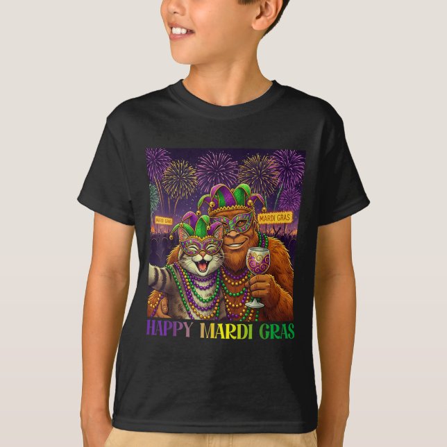 Camiseta Funny Cat Bigfoot Selfie Mardi Gras Carnival Party (Anverso)