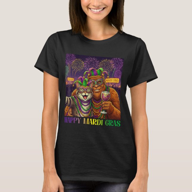 Camiseta Funny Cat Bigfoot Selfie Mardi Gras Carnival Party (Anverso)