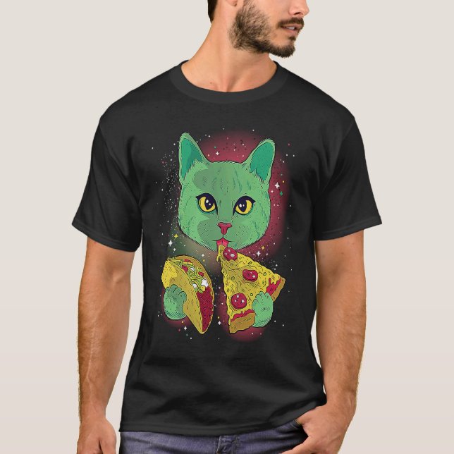Camiseta Funny Cat Eating Tacos and Pizza in Outer Space T  (Anverso)