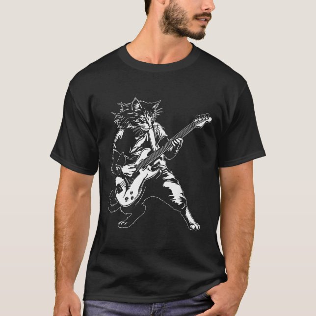 Camiseta Funny Cat Playing B Guitar Rock Music Lover Musici (Anverso)
