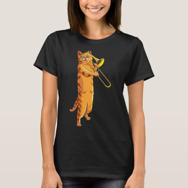 Camiseta Funny Cat Playing Trombone Gift Cool Kitten Musici (Anverso)